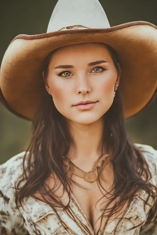 professional portrait photograph of gorgeous rancher girl, (((sultry flirty look))), beautiful symmetrical face, cute natural makeup, (wearing brown cowboy hat), traditional clothing, confident pose, elegant, feminine, ((Utah landscape in background)), wild west, ultra realistic, character concept art, highly detailed, intricate, (sharp focus), 85mm, medium shot, mid shot, (centered image composition), ((professionally color graded)), ((bright soft diffused light)), volumetric fog, dreamy, trending on instagram, trending on tumblr, hdr 4k, 8k