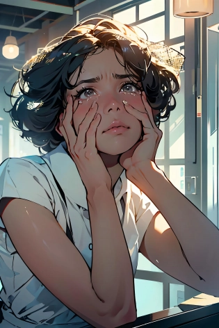 masterpiece, best quality, 8k resolution, realistic, 1 girl, Crying, girl wiping glass
