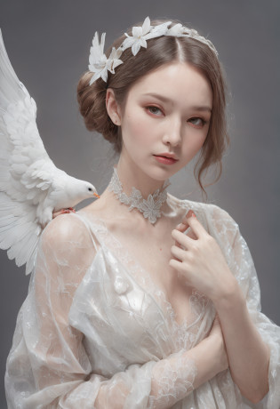 a drawing?The painting depicts a woman with white wings and a dove, Full body like?inspired by Miho Hirano, watercolor detailed art, author?Mary Angel, inspired by Naoko Takeuchi, inspired by Marie Angel, Alphonse mucha and rossdraws, ethereal fairytale, Inspired by Rebecca Gay, trending on artstration, watercolor colored painting, Watercolor illustration style, goddess of love and peace, mysterious, club, Nigo, Gopro view, textured, High contrast, Game icon, Bohemian colors, McBrin, X-ray illumination, Super detailed, photorealistic materials, Interior design, V-Ray rendering, 4K?Full body like?