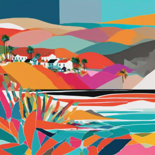 Santa Barbara coastline in the style of a simple abstract collage, bright colours