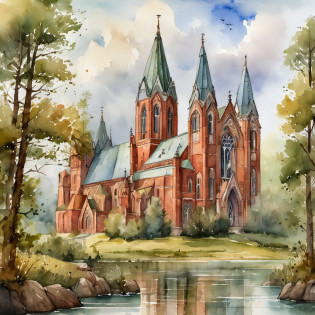 A huge tall Gothic cathedral made of red brick on a high hill in a coniferous forest, Hilly terrain, kali, flows next to the cathedral, Large cloudiness, Fog in the lowlands above the river, jour, high picture quality, High-definition image, max detail.