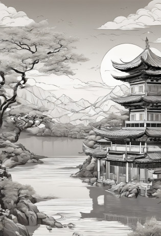 Ancient Chinese landscapes?Ancient buildings?Pavilions?Carved beams and paintings?enchanting scenery?Inspired by Jin Yong martial arts?rays of sunshine?Ink painting style?clean color?Decisive cut?Leave white space?impressionistic?tmasterpiece?????Epic composition, high qulity, HighestQuali?