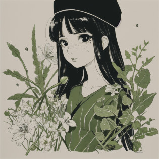 Slight retro color, flat, grainy, riso print style, illustration, cute, white space, low saturation, 1girl, antennae, bamboo, bangs, black hair, branch, cactus, cloud, dandelion, expressionless, flower, flower pot, ivy, leaf, lily \(flower\), limited palette, long hair, looking at viewer, makeup, mixed media, mole, moon, morning glory, palm leaf, palm tree, plant, portrait, potted plant, seaweed, solo, spring onion, sweat, tan background, tanabata, tanzaku, tears, traditional media, tree, tulip, vegetable, vines, water drop, 1girl, solo, long hair, looking at viewer, bangs, black hair, hat, parted lips, black eyes, leaf, plant, portrait, freckles, limited palette