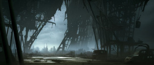 There is a picture of a city in the middle of a field, apocalyptic cityscape, dystopian sci-fi apocalypse, destroyed city, destroyed city in the background, apocalyptic city, destroyed cityscape, dark city ruins, dystopian landscape, Dystopian alien landscape, dystopian wasteland, apocalyptic city, post apocalyptic city, dystopian city, dystopian landscape, apocalyptic landscape.