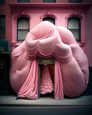 New York, city street, the facade of one boutique is completely covered with a pink silk fabric very puffy Hypersize disproportionate in size, the smallest details, photo, insanely detailed, high quality. --ar 4:5