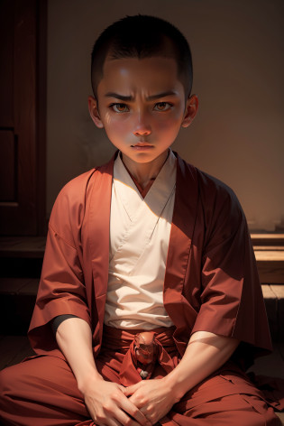A sinister boy in a monk's robe sitting in the dark, monk clothes, peaceful expression, buddhist monk, portrait of monk, monk meditation,A fierce and evil expression, Buddhist, Deep in thought, Serene expression, Buddhist monk meditation, monk, portrait shooting, thoughtful pose, ancient japanese monk, 2 1 st century monk, little boy wearing nun outfit, The background is hell