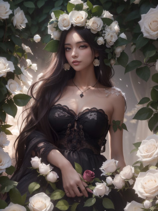 (masutepiece,Best Quality:1.4),(8K,Raw photo,photographrealistic:1.2),(FULL BODYSHOT:1.1),Goddess of black Roses, long hair with the color of rose petals, elegant dress adorned with deep white rose flowers, lshiny skin,detailed skin,detailed face,detailed eyes, beautiful woman, beautiful face, ush garden filled with blooming black rose, Shimmering black rose petals dance, sparkling in the light, holding a single  white rose in hand, White rose flower crown, pendant shaped like a black rose, sandals adorned with rose patterns, sunlight filtering through the leaves,