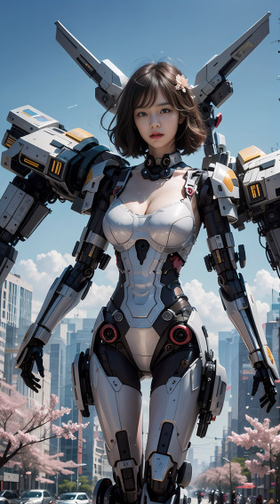 Complex 3d rendering very detailed beautiful ceramic silhouette female robot face, behind stands a huge cherry blossom pink mech warrior, robot parts, 150mm, futuristic battlefield, edge light, vibrant details, luxurious cyberpunk, lace, surrealism, anatomy, facial muscles, cable wires, microchips, elegant, beautiful background, octane rendering, HR Giger style, 8k, best quality, masterpiece, illustration, very refined and beautiful, very detailed, CG, unified, wallpaper, (realism, fidelity: 1.37), amazing, fine details, masterpiece, best quality, official art, very detailed CG unified 8k wallpaper, robot, full body, the overall painting style is very domineering,