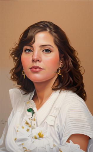 Pintura de una mujer con una camisa blanca y flores blancas y negras, oil painting of realistic woman, Retrato detallado, Retrato detallado en color, Detailed portrait of oil painting, Pintura de retratos de bellas artes, Retrato pintado en primer plano, Retrato completo en primer plano, Retrato de cerca, Extremely detailed oil portrait, realistic spanish woman painting, Retrato detallado de una mujer, Retrato detallado, Retrato pintado centrado lateralmente
