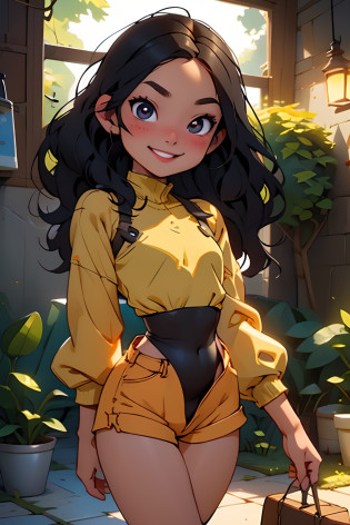 masterpiece, 4k, high quality, beautiful lighting, dynamic lighting, soft detailed skin, black leotard, full black leotard, long sleeve leotard, exposed legs, long black hair, smiling, seductive smile, blush, young, short, very short, loli, child, camel toe, sexy, seductive, beautiful details, highly detailed, shiny skin, thin waist, tiny waist, super short, big young eyes, pink shorts over leotard, tiny thin shorts showing waist with leotard, low waist shorts