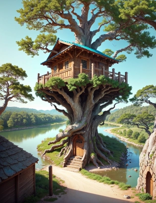 [(oak tree house, intricate ornate tree-house in a amazing gigantic turquoise Angel Oak, on the bank of the river with crystal clear water:1. 4) (Professional Architecture Render::1. 3) (photo-realistic, 3D rendering, high-quality, detailed, accurate representation, 3D Studio Max, V-Ray, professional, corporate, award-winning, realistic materials, accurate dimensions, multiple angles, perspective views::3 deformed, abstract, unrealistic materials, incorrect dimensions, flat views:1. 2)] intricate ornate tree-house in a amazing gigantic turquoise Angel Oak