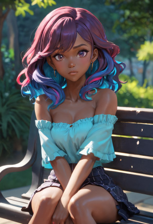 Zendaya  photorealistic, ultra-realistic,3D, artstation, cgsociety, 8 k, award-winning photography of a beautiful woman sitting on a bench at the park, (fashion), (multi-color hair:1.2), cheekbones, detailed face, Dark skin tone, African,  curvy, no clothing on, (see-through)) top, frill skirt colorful, vibrant, double eyelid,(Gigantic breast:1.5)