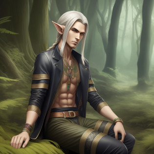 Describe a dark colored elf with a modernized and stylish look. He has a distinctive appearance with refined elven features, ebony skin, and glowing eyes, reflecting ancient wisdom. His hair is long and braided, with a bluish or silvery hue, contrasting strikingly with his dark skin.

The elf wears stylish, contemporary clothing that matches his unique personality. He wears a black leather jacket with intricate details and nature-inspired prints. A jacket is complemented by a silk or linen shirt in a deep hue, such as emerald green or royal purple.

On the bottom, the elf wears tight, fashionable pants, possibly made of stretch fabric or dark denim, which enhance his slender figure. Her shoes are elegant and comfortable, like mid-calf boots with metallic details or sophisticated sneakers, in tune with current fashions.

He is adorned with subtle accessories such as silver bracelets and rings with intricate designs, which reflect his connection to magic and nature. The elf also carries a finely crafted leather pouch containing essentials for his adventures.

The elf's stance is confident and graceful, with an aura of mystery and power. He is in a natural environment, perhaps in a forest clearing, where the sunlight gently shines through the leaves of the trees, creating a magical and enchanting atmosphere.

Depicting a balance between the ancient world of elves and modernity, this image shows a dark-colored elf with stylish clothes and a strong presence.