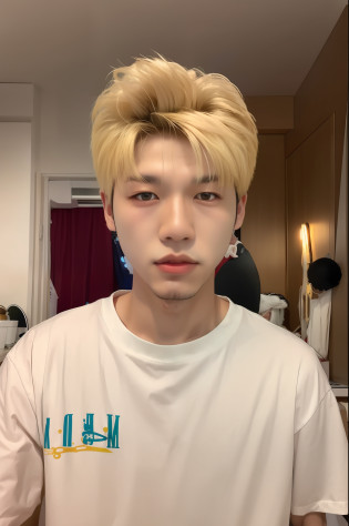 In the room there are Arafad men with blonde hair and white shirts, Sung Yanjun, Kim Tae-joon, Wan cute Korean face, 120 years old - boy slim face, Asian male, long blonde hair, twitch streamer/gamer Ludwig, Kim Do-young, Hong Joon-hyung, Korean male, Asian face, Jimin swollen right eyelid, young Van Angel --auto --s2