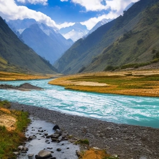 a pleasant looking blue sky with clouds and beautiful nature with Himalayas and an reflective river
