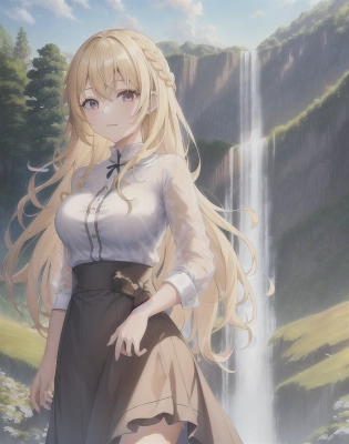 1girl, perfect anime illustration, happy, very closeup painting, waterfall braid, best blonde girl hair, woman at a waterfall, hills, summer, mountains, trees, outdoors, brown eyes, light blue t-shirt, casual, outdoors, skirt, happy, realistic, aesthetic. best quality, animated lighting, masterpiece, fashion, anime, trending, detailed fanart, anime faces, dynamic pose
