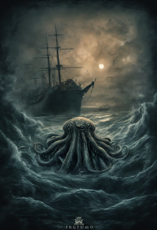 polvo atacando um navio no oceano com um navio ao fundo, An album cover by Lovecraft, Shutterstock, surrealismo, Lula de Cthulhu, mixture of tentacle creatures, Cthulhu subindo do oceano, Foto Cthulhu, leviathan cthulhu squid, Cthulu, Criatura marinha lovecraftiana, Giant powder, fenda, cephalopod, Mitos de Cthulhu, tentacle monster