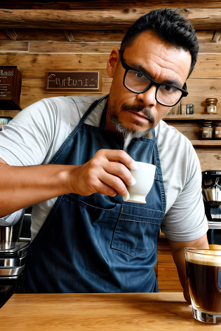 guttonerdvision10, A raw photograph with a bespectacled man with a hyper-detailed face, capturing intricate facial features with a scale factor of 1.3. Ele encarna o papel de um barista dedicado, your face reflecting a mix of concentration and experience. The glasses he wears add a touch of sophistication to his appearance. This hyper-realistic portrait is presented in UHD resolution with a scale factor of 1.3, garantindo clareza excepcional e qualidade de vida.

The setting is a charming rustic caf�, where the aroma of freshly brewed coffee fills the air. Banhado pelo brilho suave da luz natural, The man stands confidently behind the counter, surrounded by a variety of coffee-related paraphernalia. The lighting accentuates the textures of the wood and the intricate details of her costume.

Renderizado usando os recursos do Octane, The photograph captures the nuances of his features, the reflections in his glasses, e as ricas texturas do ambiente. The result is a captivating image that brings the viewer into the world of the skilled barista and cozy coffee haven.
