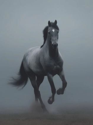 field with no threes. a lot of fog. dynamic pose editorial image full body. realistic running gray stallion in fog. extremely detailed epic shot. photo --q 2 --v 5 --ar 3:4