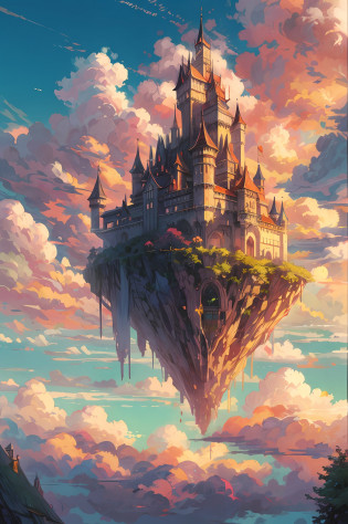 anime castle floating in the sky with a sunset in the background, flying cloud castle, palace floating in the sky, an immense floating castle, castle in the sky, castle in the sky style, flying castle, palace floating in heaven, cloud palace, abandoned castle in the sky, beautiful detailed fantasy, fantasy castle, high fantasy castle, floating palace