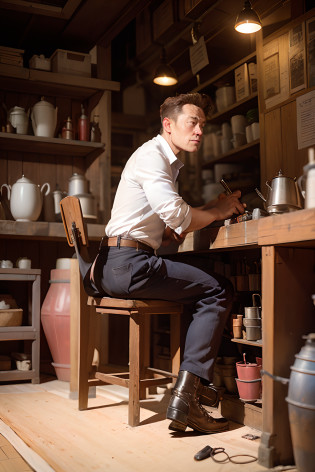 A scene of Elon Musk repairing shoes in China. The main element to include is Elon Musk, A shoe repair workshop, Chinese cultural elements, and busy streets. The prompt should look like the following: Elon Musk repairs shoes in a traditional Chinese shoe repair workshop, Surrounded by colorful traditional Chinese ornaments and tools. Elon Musk wears a tailor-made suit?Wear yours with a white shirt and a pair of shoes. His hair is neatly styled, The expression on his face was focused. The workshop was filled with the sound of machines and the smell of leather. Nearby, People walk and chat on busy streets, Create a lively atmosphere. The workshop has shop windows?A variety of repaired shoes are on display, Sneakers included, Boots, and high heels. The workshop lighting is warm and soft, Highlight the intricate details of Musk's craft. The colors in the scene are vivid, Mix red, gold, and black, Reflect Chinese traditional culture. Musk's hand is expertly repairing a worn-out shoe, Tools and leather materials are neatly arranged on the workbench. Capture scenes in high resolution, realistic quality?Demonstrates the dedication and attention to detail in Musk's shoe repair skills. The overall composition of the scene is balanced, With Musk as the central focus, Surrounded by workshops and bustling streets outside.