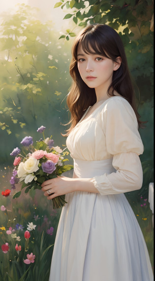 ((Watercolor by Sargent))?(top-quality??masterpiece)?softlight?Painting of a woman standing on a hill with flowers in her hands, art of edouard bisson, krenzcushart, wlop jeremy lipkin, inspired by Pierre Auguste Cot, wlop painting style, moebius + Roisch + wlop, by Aleksander Gine, Mark Ariane, inspired by Cynthia Sheppard