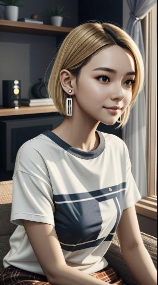 [22-year-old female],[face: round], [eyes: almond eye shape, blue color, thin and curved eyebrow shape], [Nose: Sticky shape, small hole], [Mouth: thick lip shape, Neat teeth], [Chin: Tyre chin shape, Sunken chin], [Hair: Short hairstyle, blonde color,], [Ears: Small ear shape], [skin: white skin color, Smooth skin texture], [Facial expression: smile], [Activity: Sitting on the sofa in the living room],
[Top clothes: T-shirt, brown color, plaid pattern, delicate texture, casual wear style, folded clothing design, well-maintained clothing condition]
Professional photograph of a stunning woman detailed, cinematic lightning, octane render, unreal engine, volumetrics dtx