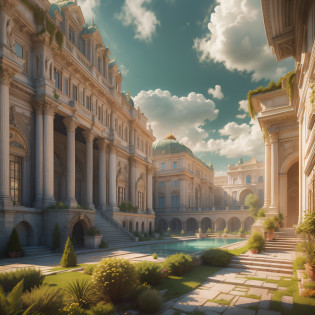 (Masterpiece), better quality. Exterior image of a  large building with a staircase leading up to it, historical scenery, palace on top of the hill, on the balcony of the palace, ornate architecture, royal palace, royal palace by the lake, light above the palace, classical architecture, impressive grandiose architecture, neoclassical architecture, ornate carved architecture, ancient building, ornate palace made of green, elegant architecture, Italian masterpiece. natural lighting, volumetric lighting, accent lighting, global illumination, scattering, shadows, shimmering, lumen reflection, cinematic, highly detailed, digital illustration, cell shadow, Vray Tracing, ultra realistic, DSLR, 32k