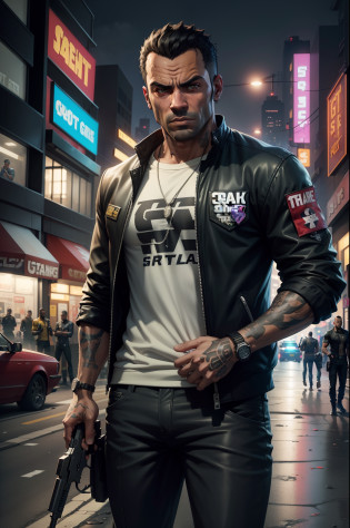 arafed man holding a gun in a city at night, gta5 style, gta v gameplay screenshot, gta v style, gta 6 style, cinematic screenshot gta 5, grand theft auto style, style of gta v, gta 5 screenshot, gta v screenshot, screenshot from gta v, gta v street style, cyberpunk street goon, as a character from gtav