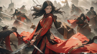 (dramatic, gritty, intense:1.4), insane details, intricate details, hyper quality, ultra detailed, slow-motion action sequences, Smoke, (Real water, Realistic water, flowing water:1.6), bestquality, highdefinition, huadan, bestquality, pixiv, emma, Chinese style costume, woman wielding a long sword, valiant Hua Mulan, ancient costume, battlefield in ancient China, surreal details, charging forward, This full body shot for Vogue, captured by Andreas Gursky, melds tradition and modernity, (light anger:1.4), ( absurdly long hair:1.5), ((The girl looked disgusted)), (The girl was draped in a black cloak), ((((Flames burned behind the maiden)))), (There is battlefield behind the girl), (((Bloody))), (long legs:1.3), (very long skirt:1.8), (very long red cape:1.5), (sword in hand:1.5), drawing a Long, super long katana, holding one Long, super long katana, A shot with tension, (sky glows red, Visua, hyperdetailed, high detail, (depth of field:1.7), masterpiece, best quality, 8k, Masterpiece, masterpiece, highres,dunhuang