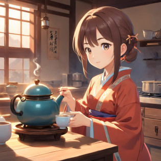 Anime 7-year-old girl in Hanfu standing next to a teapot, flatchest?full bodyesbian?Boiling a teapot over charcoal on the stove, Side Body?stove?charcoal fire?teapot?Please wear black cloth shoes?author?author?Qu Leilei, author?Chen Dafu, author?Xia Gui, author?Elephant Kazuyoshi, by Yang J, author?Qiu Ying, author?Chen Jiasui, author?shaggy, author?Xia Yong, author?Yao Tingmei, Drinking tea, By Li Song