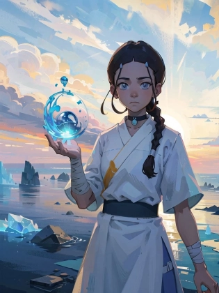 masterpiece, best quality, 1girl, katara, toned, dark skin, braid, ((((sarashi)))), bandages, jewelry, looking at viewer, upper body, iceberg background, sea, arctic, (blue eyes:0. 6) <lora:KataraV2:0. 8> <lora:DiscoElysiumStyle_v1:0. 4>, detailed, nude, white pants, baggy pants, water, waterbending, bubble