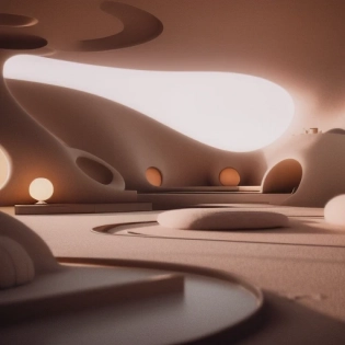sxnfv style, imaginary dreamy style shaped 3D villa retro futuristic 70's interior design, on a finnish lakeshore, rendered in Octane by Joe Mortell, architecture by Frank Lloyd Wright 8k blender photorealism, neutral beige color scheme, organic lines, earthship architecture