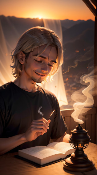 homem jovem, sentado numa tenda grande, aberta, branca, tecido da tenda ao vento, with white sheets, He's watching the sunset, a luz bate no seu rosto, creating beautiful strokes, cabelo liso pelos ombros, magro, de camiseta branca e bermuda branca, smile, majo, Incense smoke in the air, por de sol prateado, award photo, super colorido, mostrando o por do sol para a camera, meditation objects, livros de buda, Incense lit with smoke in the air, luz dourada