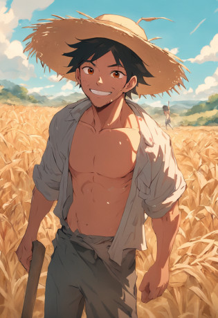 HOMEM, BRASILEIRO, ZONA RURAL, FELIZ, with a hoe in hand, TRABALHANDO, PORTRAIR, WITH STRAW HAT ON HIS HEAD