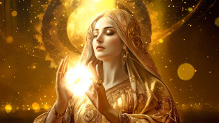 uma mulher em um vestido dourado segurando uma bola brilhante, gold ethereal light, Deusa da Luz, Aura dourada brilhante, Aura dourada, emanando magia de suas palmas, irradiando luz dourada, Santo de ouro bonito, como a deusa do sol, luzes celestiais douradas, majestosa mulher de santo, Deusa do Sol, deusa bonita, Deusa Dourada Atena, deusa dourada --auto
