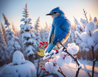 Western Bluebird, snow and worn fence posts, fence wire rose, brambles, berries, puffy billowing white clouds, blue skies, When ice is thawed and snow is gone, And racy sweetness floods the trees; When snow-birds from the hedge have flown, And on the hive-porch swarm the bees, Drifting down the first warm wind That thrills the earliest days of spring, The bluebird seeks our maple groves, And charms them into tasselling.