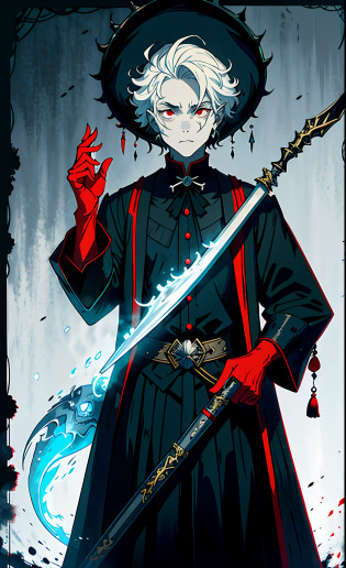 (based on the style of prefecture and horror painting) The judge of the prefecture is dressed in a black vestment, holding a staff of misdemeanor in his right hand, with an abyss behind him, and a book of felony in his left hand, (+fish belly white skin color: 1.2 + red eyes: 1.1 + six fingers: 0.9), expressionless, with a ghost fire beside him, terrifying and mysterious.