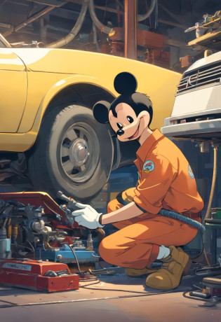 A masterpiece Mickey Mouse as a mechanic repairing a car, Corpo Perfeito, perfect head,  disco Rigido