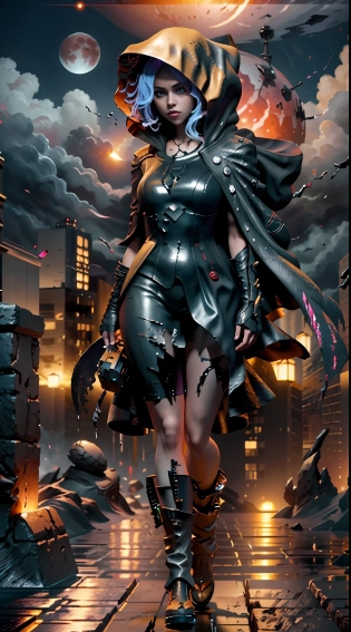 Masterpiece, best quality, (8k very detailed CG unit wallpaper) (best quality), (best illustration), (best shading) a golden sea wave, bright orange aol sunset through the wave, golden water drops flying, ?1girl, standing on a ledge overlooking a city at night, stylized urban fantasy art, hooded hooded Sith Lord, digital cyberpunk anime art, blood moon background, wearing hooded science fiction cape, digital cyberpunk - anime art, modern science fiction anime, dark cyberpunk illustration, anime cyberpunk art, cyberpunk anime girl with hood, during a blood moon, rendered in Unreal Engine, peeled sky, broken winds, sky between cracks, realistic material details, extreme details, hyper-realistic materials, Unreal Engine rendering concept art, broken sky, Unreal Engine art, dramatic lighting. Concept art, rendered in Unreal 5, ((Unreal Engine)), Unreal Engine Art 5