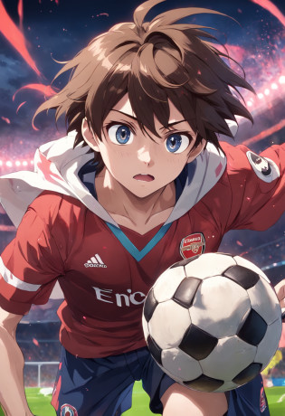 soccer ball?Arsenal?brunette color hair?younge boy?High quality paintings?The character is centered?Close-up of people