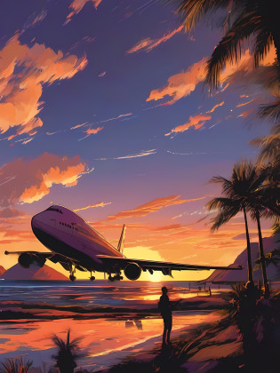 foreshortening technique, dynamic perspective, spatial depth, three-dimensional illusion, visual impact, artistic skill, engaging composition, Illustration inspired by the opening of the Friday Roadshow?Location?Mare?At the venue?A ship is passing by?Big sunset on the horizon?Very big sunset?A passenger plane is passing in front of the setting sun?Silhouette of a passenger plane?Airliners are?B-747?Dyed background of sunset?Very nicely dyed background?