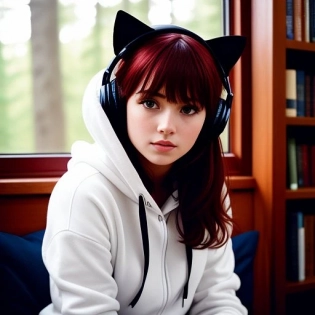 a gorgeous young Swiss girl is sitting by the window with headphones among books, wearing a white hoodie, and black jeans in a beautiful face, neon eyes, red hair, smooth nose, thin lips, medium-length hair, lying, a girl looks out the window, looks at the camera, a black cat on the girl's lap, a bed behind books, window open, forest outside, muted tones, photography, real, professional, 8k, soft natural lighting, portrait photography, 85 mm lens, magic photography, dramatic lighting, photorealism, over-detailed, intimate portrait composition, cinestill 800T --testp --ar 9:16 --upbeta --