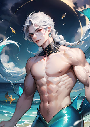man, masculine, masculine face, attractive, muscular, (((1man))), masterpiece, absurdres, best quality ,intricate details, ((full body)), (shiny skin, shiny body, shiny oily luster skin, shiny hair, pale skintone), Sundown, attractive, ((muscular)), adult, one, earrings, Don't look at the view , Not looking at the view, silver hair, braided hair, perfect detailed face, perfect detailed hands, triton, fins, red eyes, triton ears, smirk, marine sea ornaments, open chest, ((mermaid tail)), no legs, under the sea, fishes, masculine features, masculine face, (((night))), moonlight, darkness, dark light