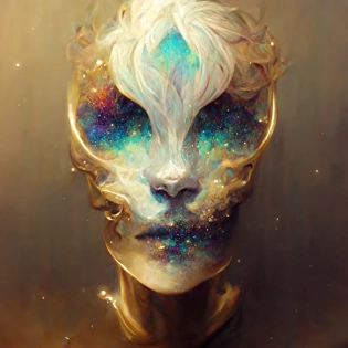 Face of a cosmic God, Shaggy head with galaxies around ' Iridescent opalescent, Gold and silver chrome plated : by Alena Aenami, daniel merriam, AyJay and Alex Broeckel : chrome, dynamic, elegant, rococo, lace, highly detailed, centered, artstation, sharp focus, octane render, splash art