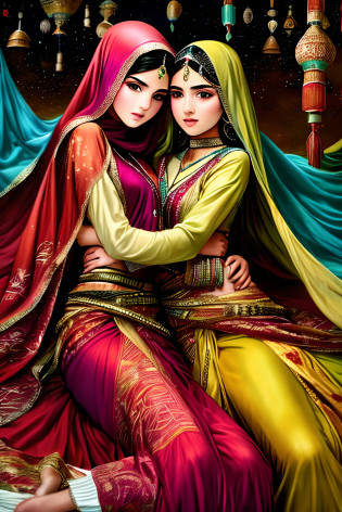 Mavtan Moroccan Islamic surreal super detail,model shoot,two girls sleeping together,duo,Dynamic pose,leering,(Dream belt,Dream robes,Fantastic ribbons),Hug and touch each other,Biting a friend's earlobe, Hug each other from behind, Touch your friend's chest from below,