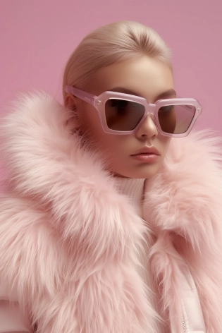 Fashion shoot, Jacquemus and moncler collaboration: light pink translucent fur sunglasses, hyper-realistic, detailed 8k, realistic --ar 2:3 --s 750