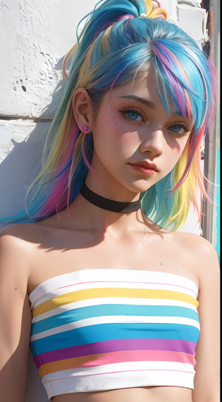 ?Pink fashion T-shirt?1.9???Colorful hair?1.8???Rainbow all colors?1.8??????Vertical painting?1.6)????painting of a?1.6??frontage?comic strip,illustration,painting of a,largeeyes,crystal-clear,?rainbow color gradient high ponytail?1.7?,Delicatemakeup,Keep one's mouth shut,(Small Fresh:1.5),(Bandeau:1.6),long eyelasher,White shoulder T- shirt, White Shoulder Shirt?looking at viewert?watery big eyes?(rainbow colour hair?1.6), color splash, ?solo?1.8?, color splash, color explosion, colour splash, color explosion, Thick lacquer style?Messy lines?((shining)) ?(colorful), (colorful), (colorful), colorful, Thick Paint Style, (Splash) (Color Splash), Vertical Painting, Upper Body, Paint Splash, Acrylic Pigment, Gradient, Paint, Highest Image Quality, Highest image quality, Masterpiece, Solo, Depth of Field, Face Paint, colorful clothes, (ellegance: 1.2), opulent, long whitr hair, ventania, (ellegance: 1.3), (petals: 1.4)?(((masterpiece))),(((Best quality at best))),((ultra�-�detailed)),(illustratio),(dynamic�angle),((floatking)),(Paintwork),((Loose hair)),(solo),(1girl) , (( (Detailed anima face))),((Beautiful detailed face)),collars,exposed bare shoulders,whaite hair,((The color hair)),((Striped hair)),Beautiful detailed eyes,(Gradient color eyes),(( ?Colored eyes???????coloured background???????high saturated???