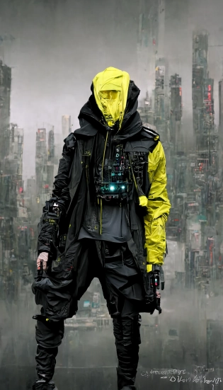 cyberpunk techwear streetwear look and clothes, we can see them from feet to head, highly detailed and intricate, golden ratio, vibrant colors, hypermaximalist, futuristic, cyberpunk setting, luxury, elite, cinematic, techwear fashion, Errolson Hugh, Nike ACG, Yohji Yamamoto, Y3, ACRNYM, matte painting --w 2176 --h 3840 --iw 1. 5