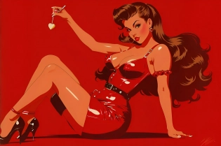 wide angle shot of a beautiful woman in a gogo dress posing with a 1963 candy apple red Ford Mustang and showing some leg, pinup art, comic pinup style, 60's pinup poster style